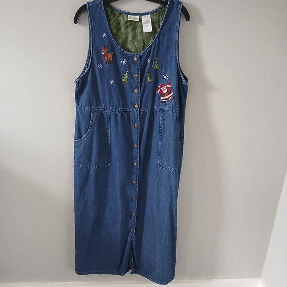 Vintage Bobbie Brooks Denim Overall Dress Sz L Christmas Buttons Pockets Cotton‎ - Picture 1 of 10